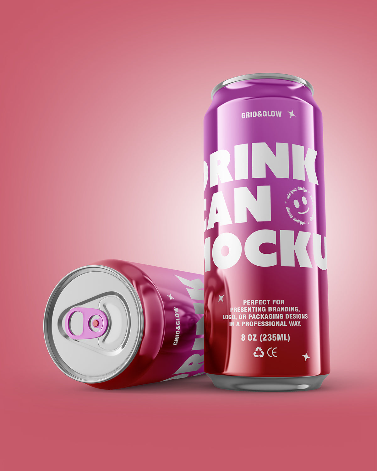 Two purple cans with white text on a pink background