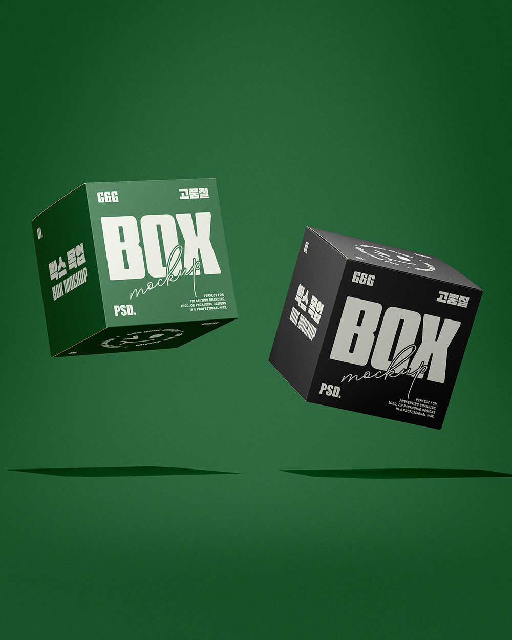 Box mockup with two floating square boxes showing custom branding on green background