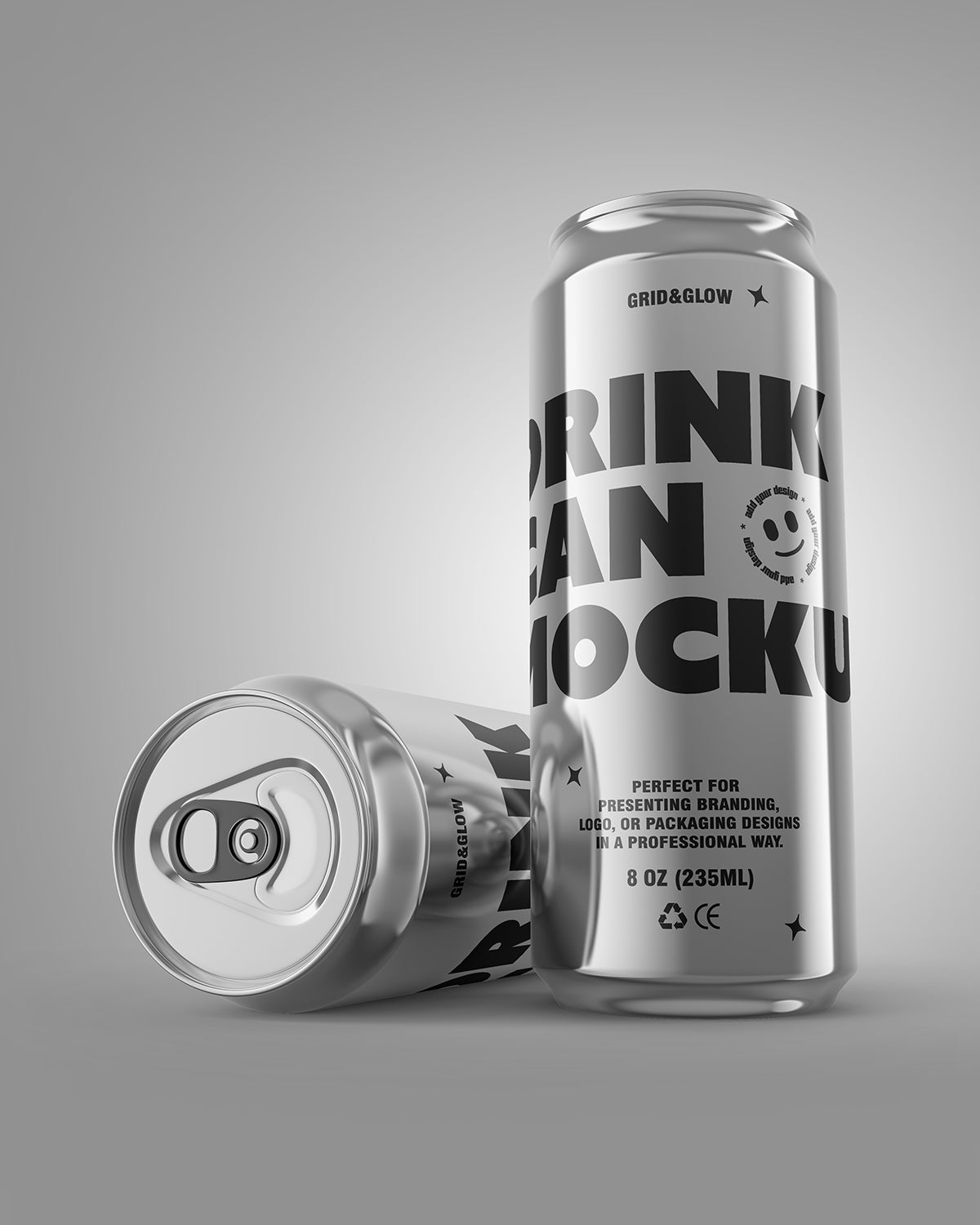 Two silver cans with black text on a gray background Mockup