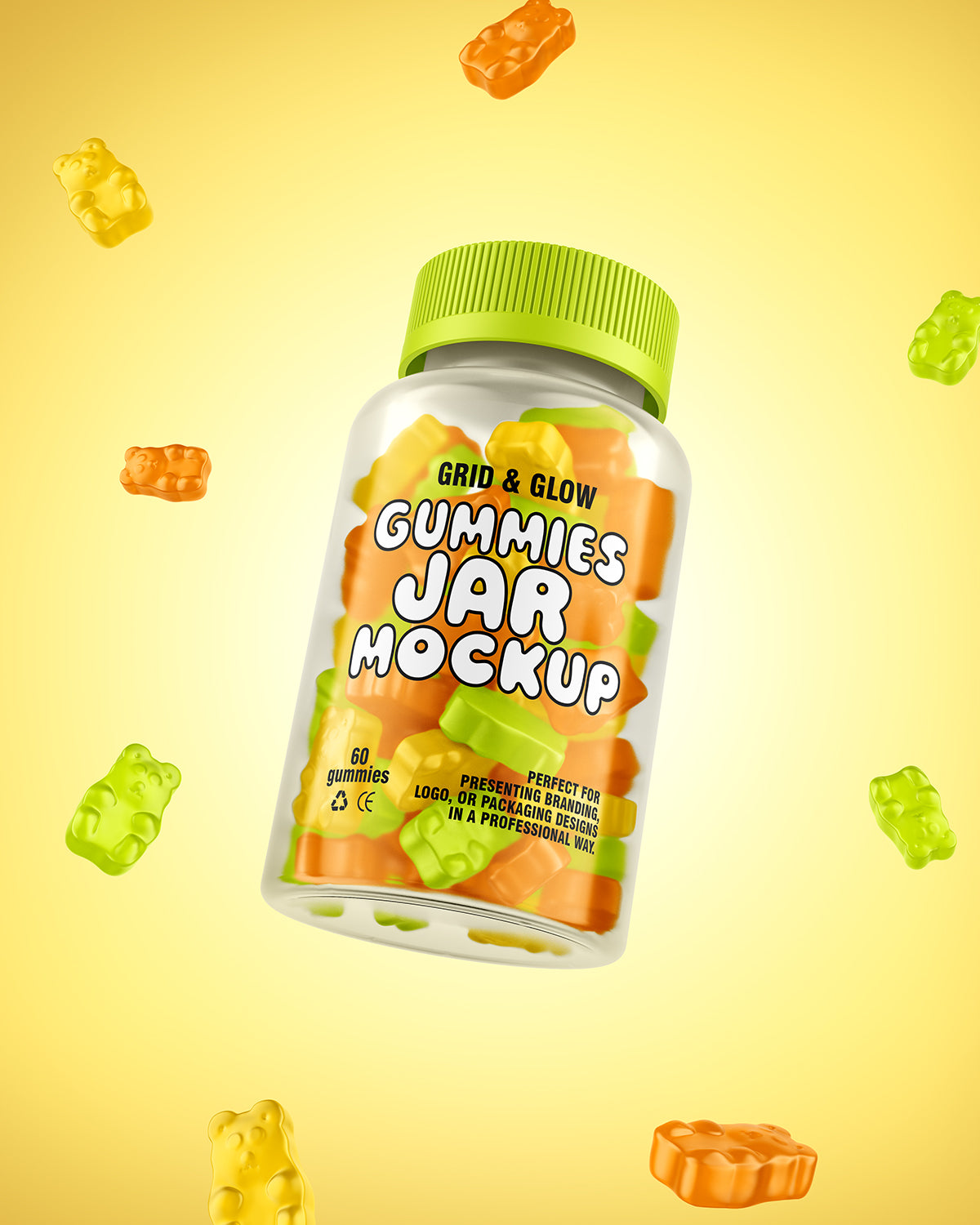 Gummies jar mockup with colorful gummy bears floating on yellow background