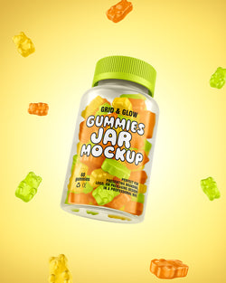 Gummies jar mockup with colorful gummy bears floating on yellow background