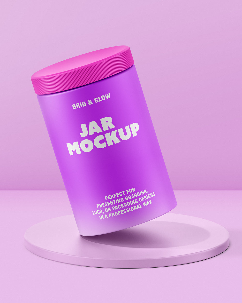 Plastic jar mockup displayed at angle on circular podium 