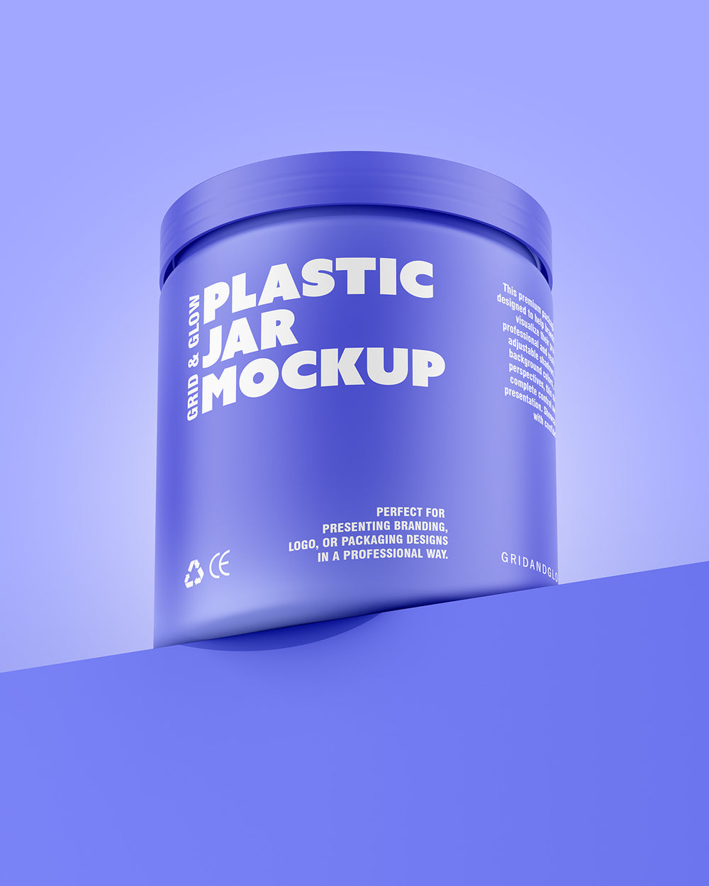 Plastic jar mockup with wide mouth and customizable label design on gradient blue background