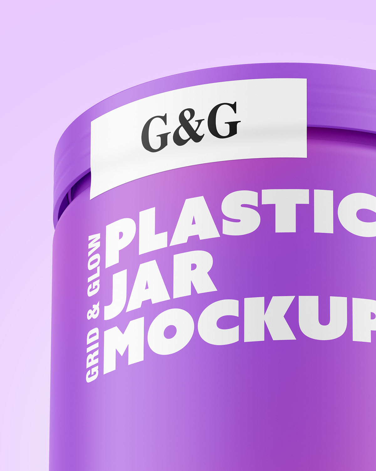 Plastic jar mockup with wide mouth and customizable label design on gradient background macro