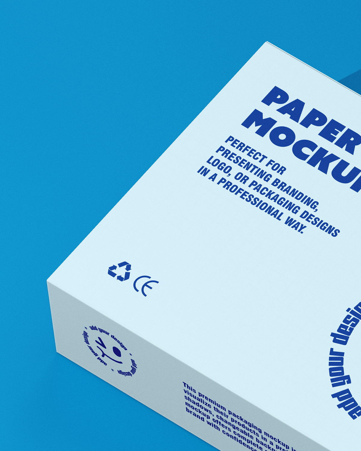 Paper box mockup high angle view with custom branding on blue background macro