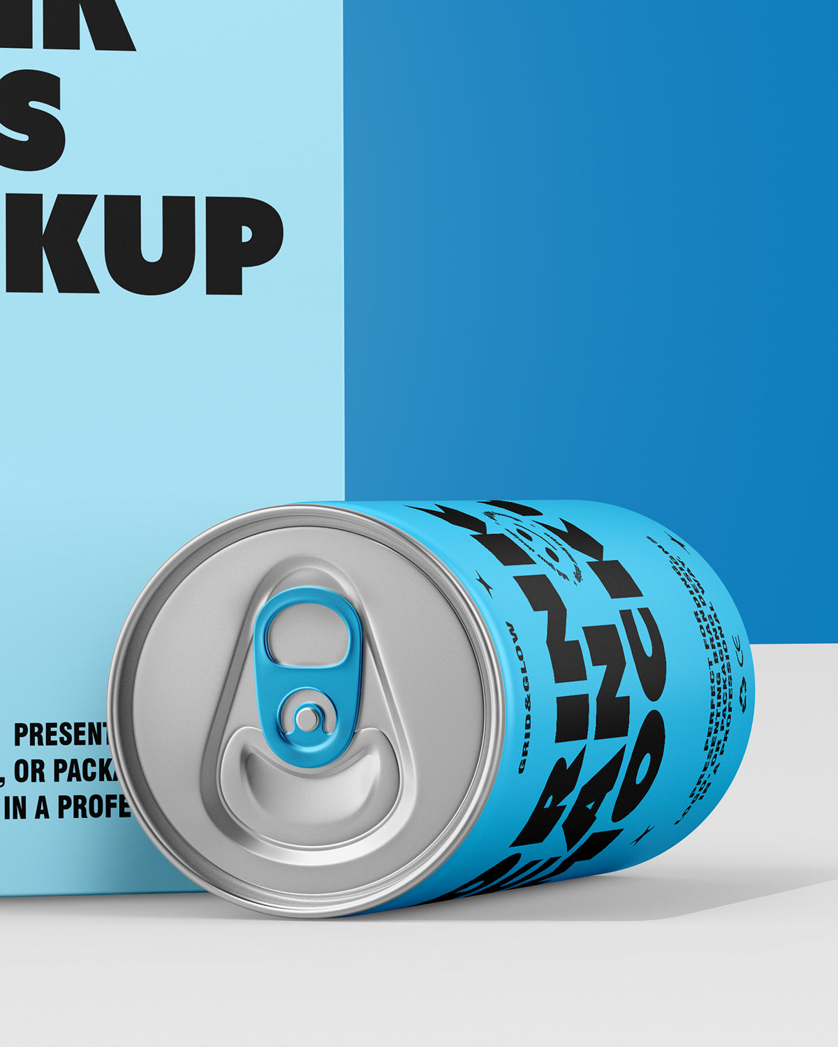Drink can and box mockup four-pack in blue with open box and multiple cans