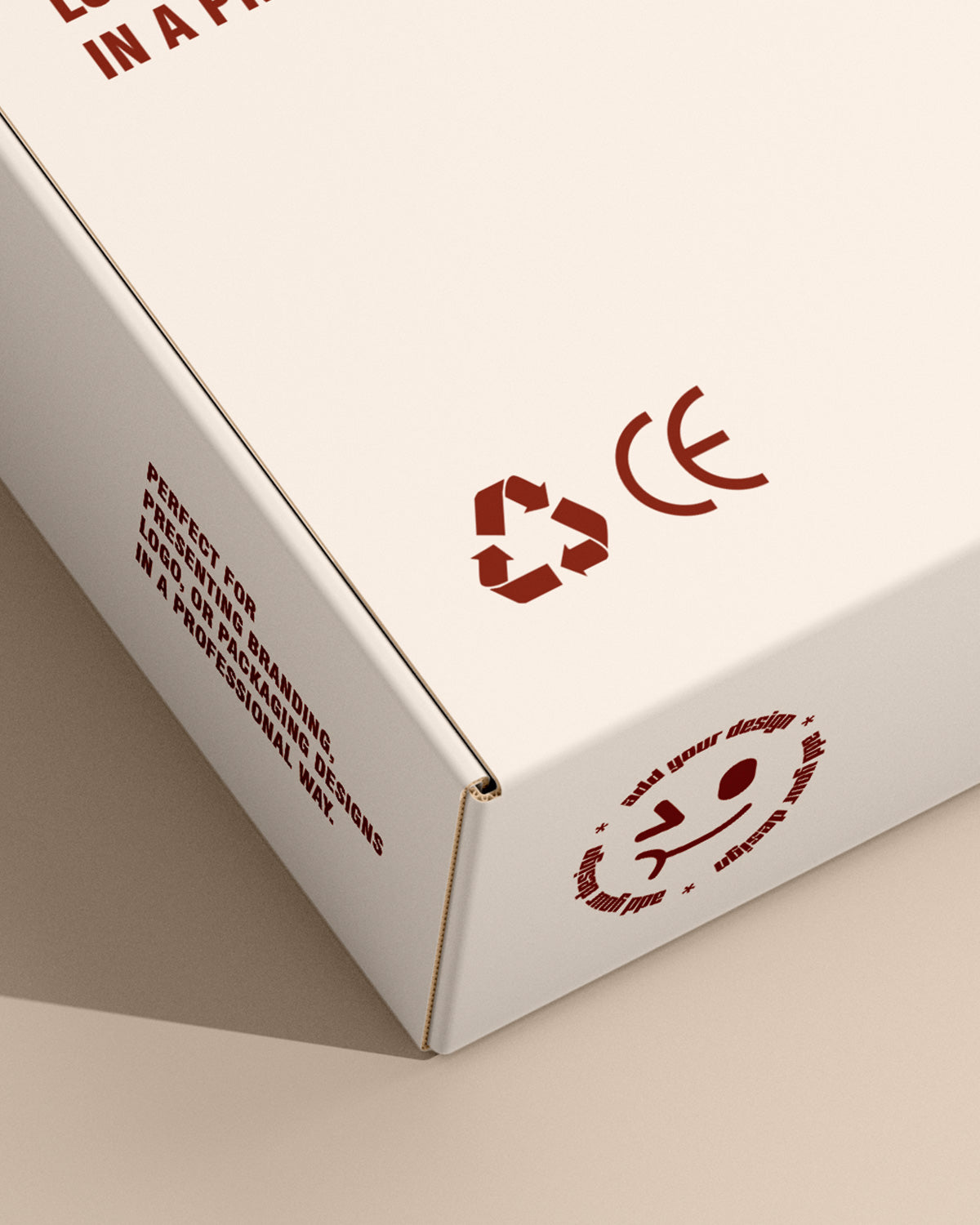 Paper box mockup in white with angled perspective on beige background macro
