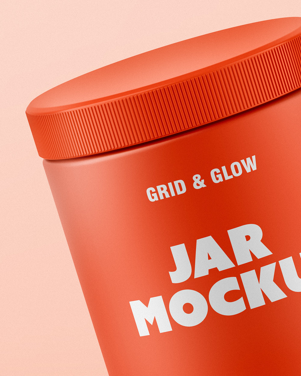 Plastic jar mockup displayed at angle on circular podium macro scene
