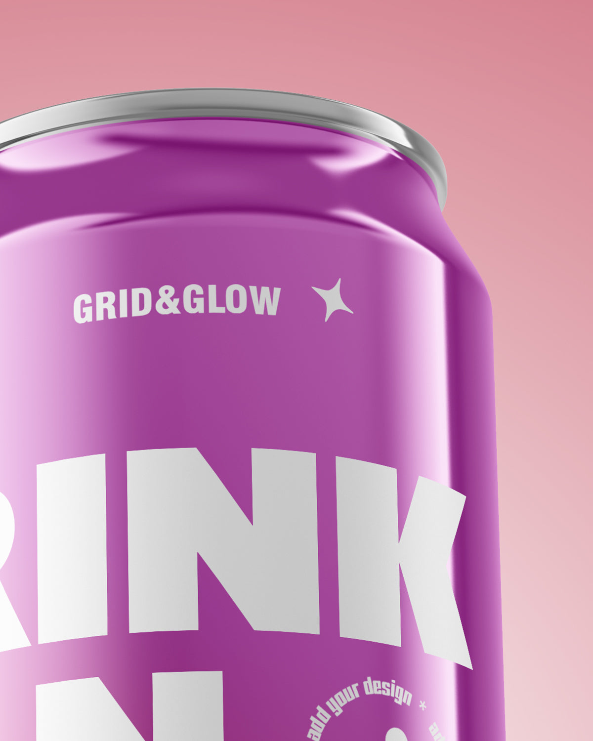 Purple can with 'Grid & Glow' branding on a pink background