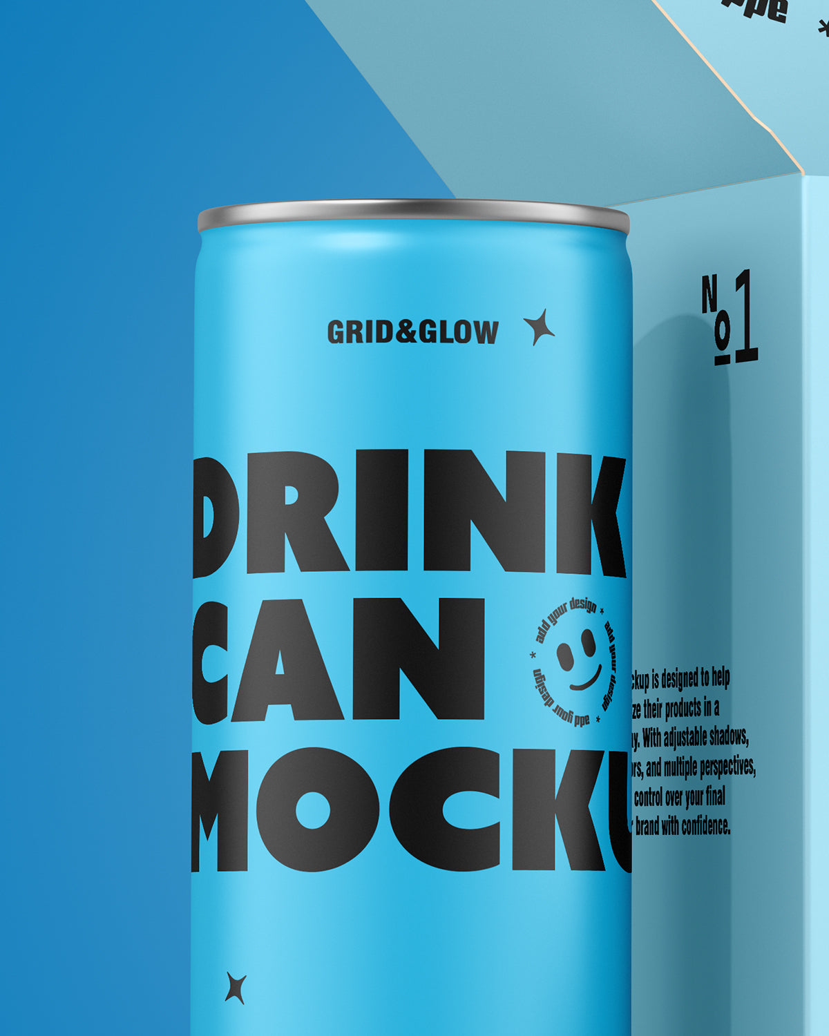 Drink can and box mockup four-pack in blue with open box and multiple cans