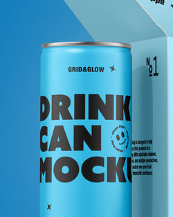 Drink can and box mockup four-pack in blue with open box and multiple cans