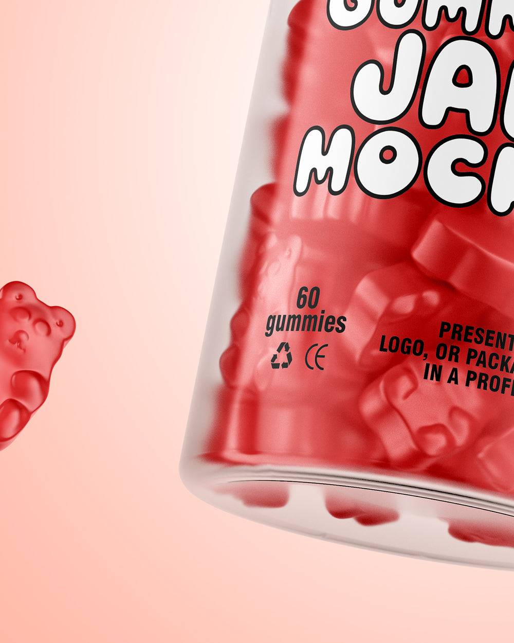 Gummies jar mockup with red gummy bears floating on coral background macro