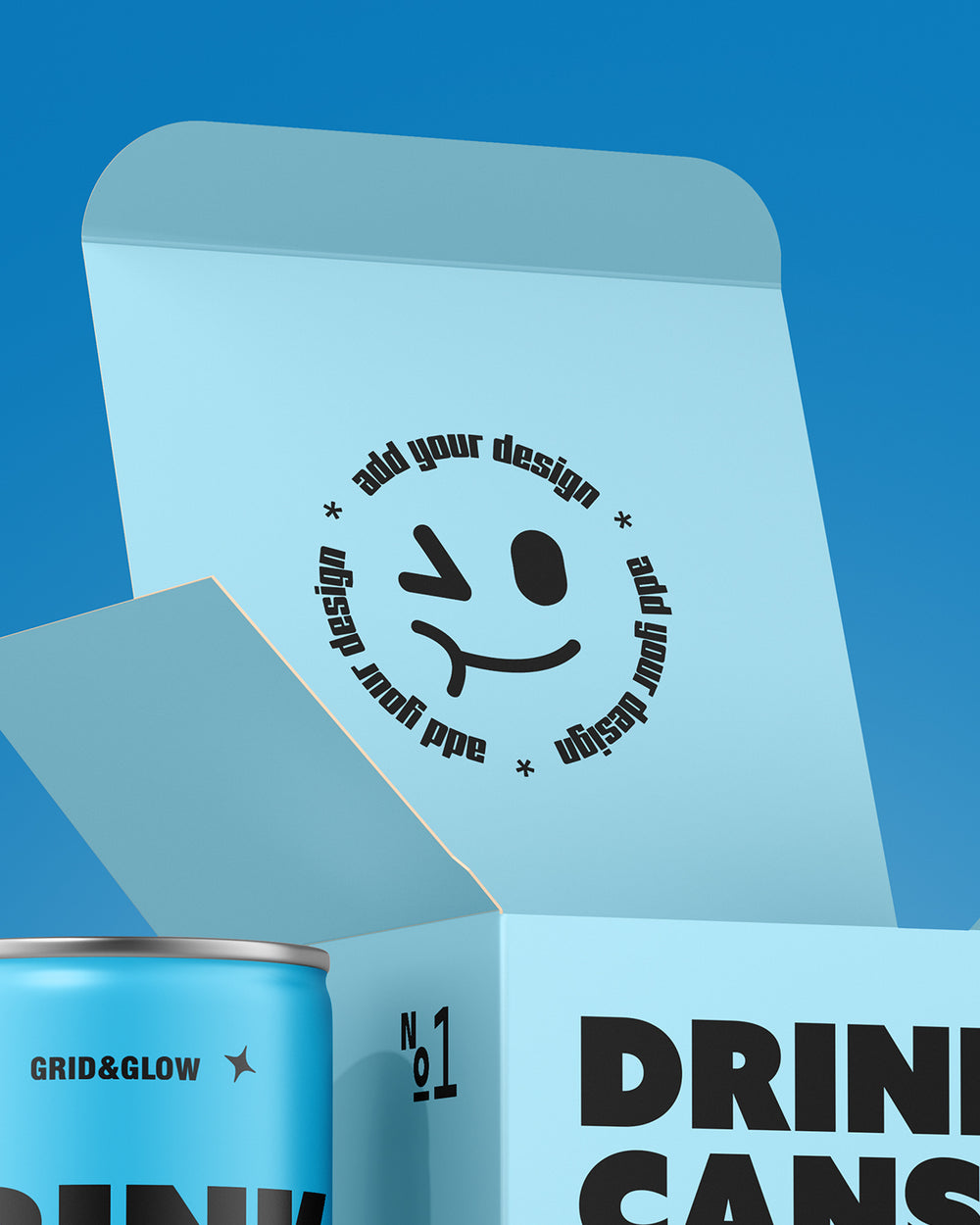 Drink can and box mockup four-pack in blue with open box and multiple cans