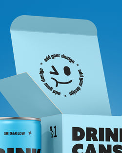 Drink can and box mockup four-pack in blue with open box and multiple cans
