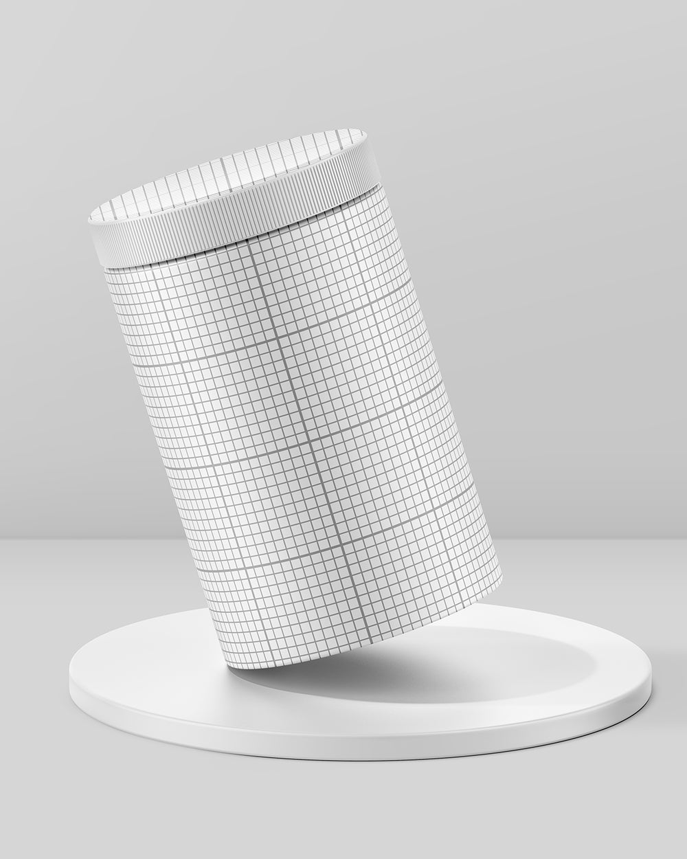 Plastic jar mockup displayed at angle on circular podium grid scene