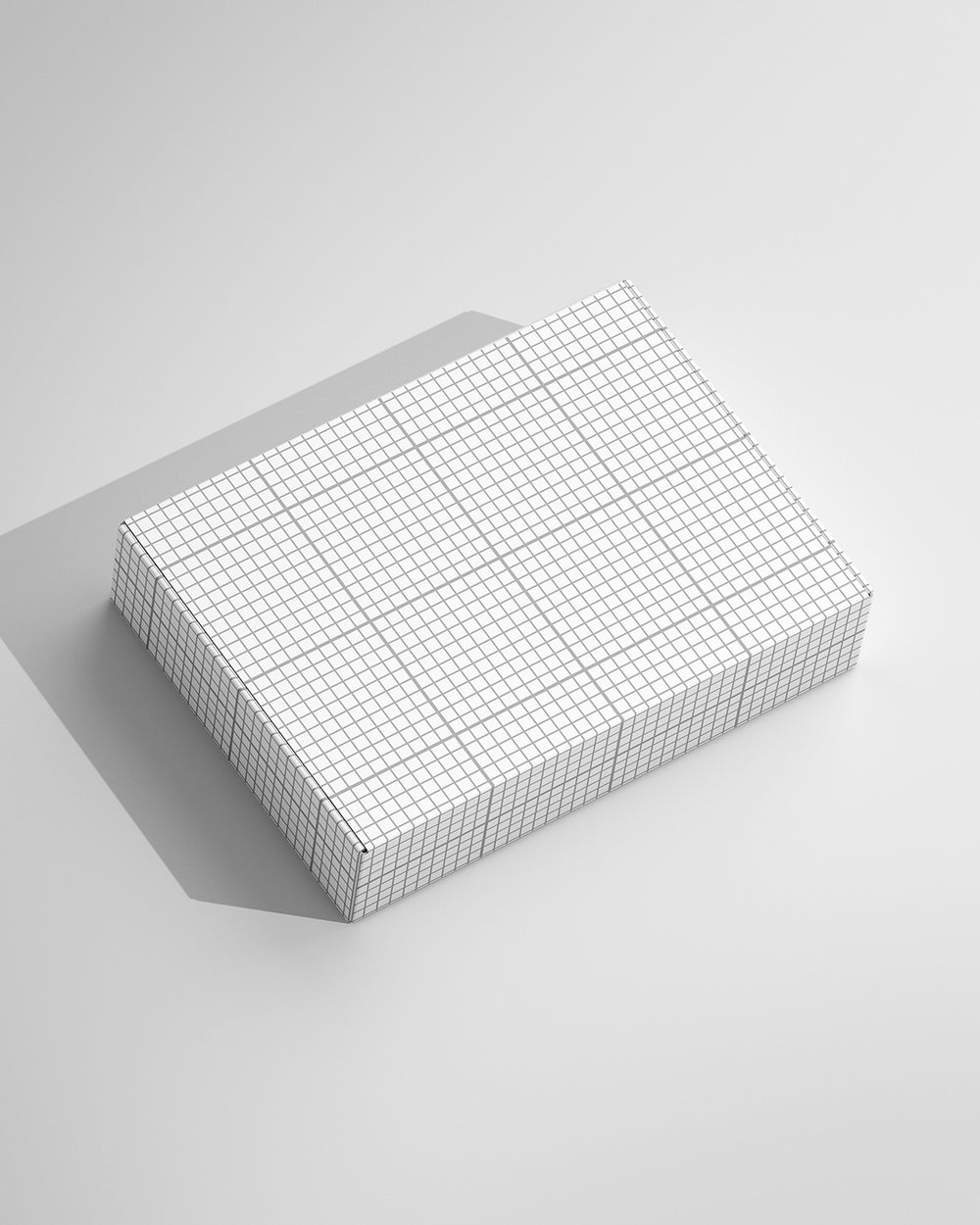 Paper box mockup in white with angled perspective on beige background grid