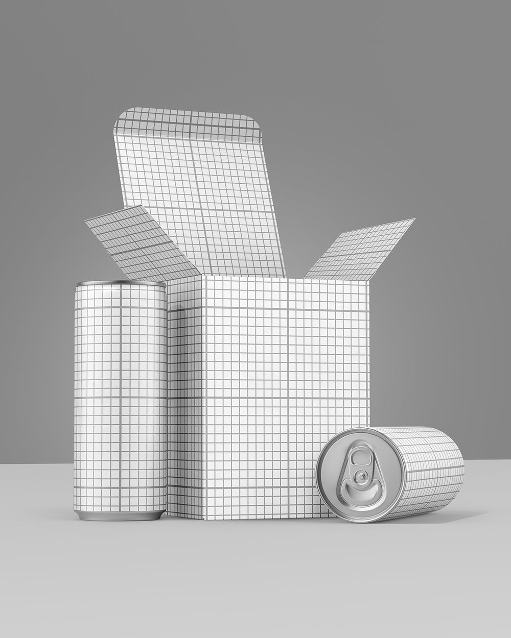 Drink can and box mockup four-pack in blue with open box and multiple cans Grid Scene