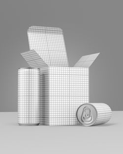 Drink can and box mockup four-pack in blue with open box and multiple cans Grid Scene