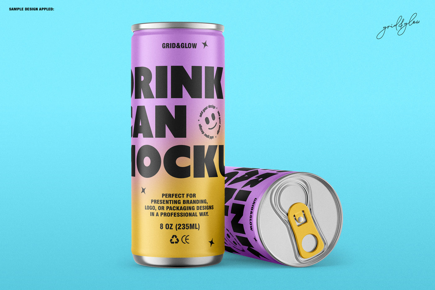 Two Drink Cans Mockup Set with a purple and yellow design on a blue background