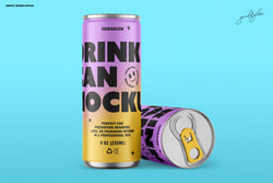 Two Drink Cans Mockup Set with a purple and yellow design on a blue background